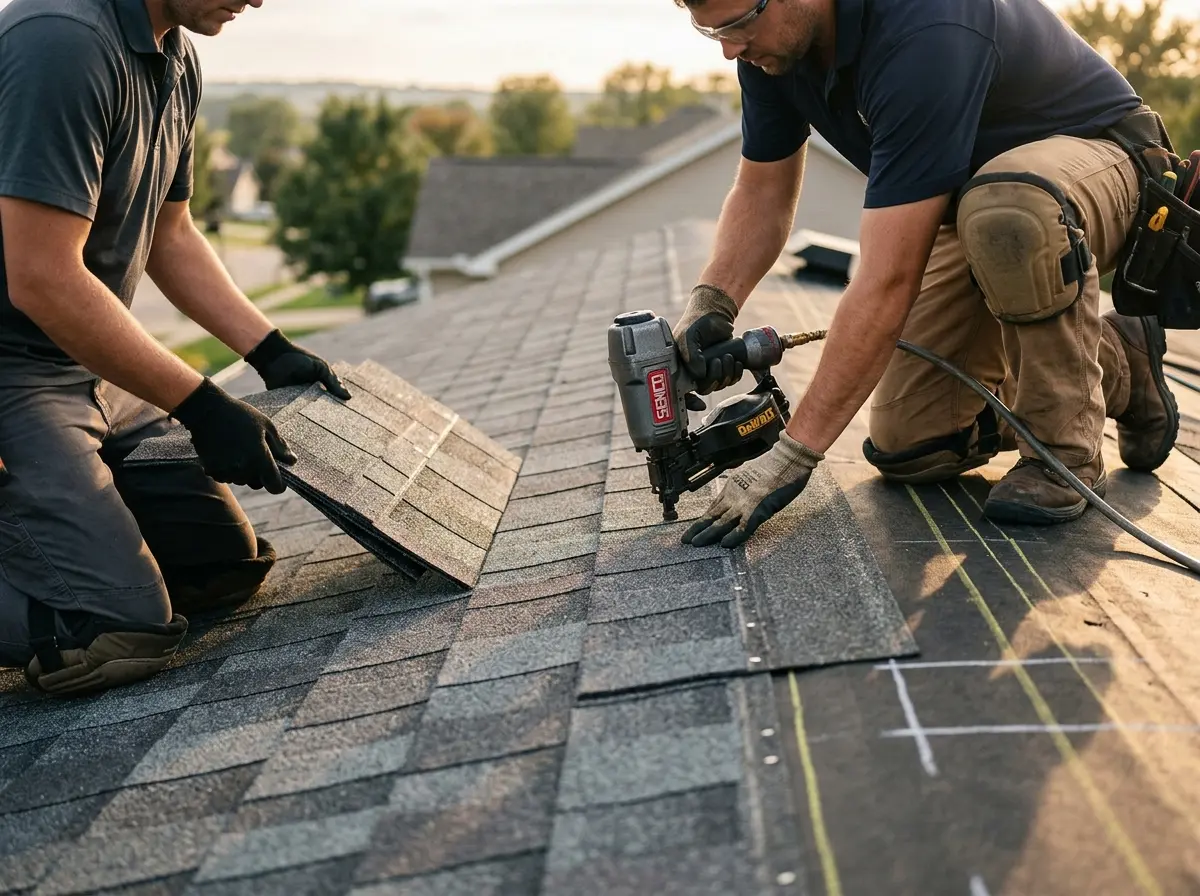 Professional roofer working on a residential roof in Plainview